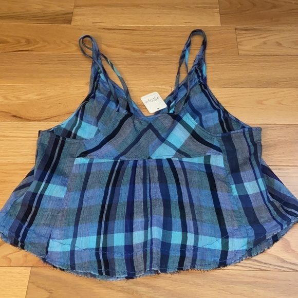 NWT Free People We The Free Plaid Cotton Crop Top in Navy Combo, size L - Picture 8 of 10